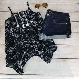 Old Navy Black Floral Tank Top Tassels Size XL